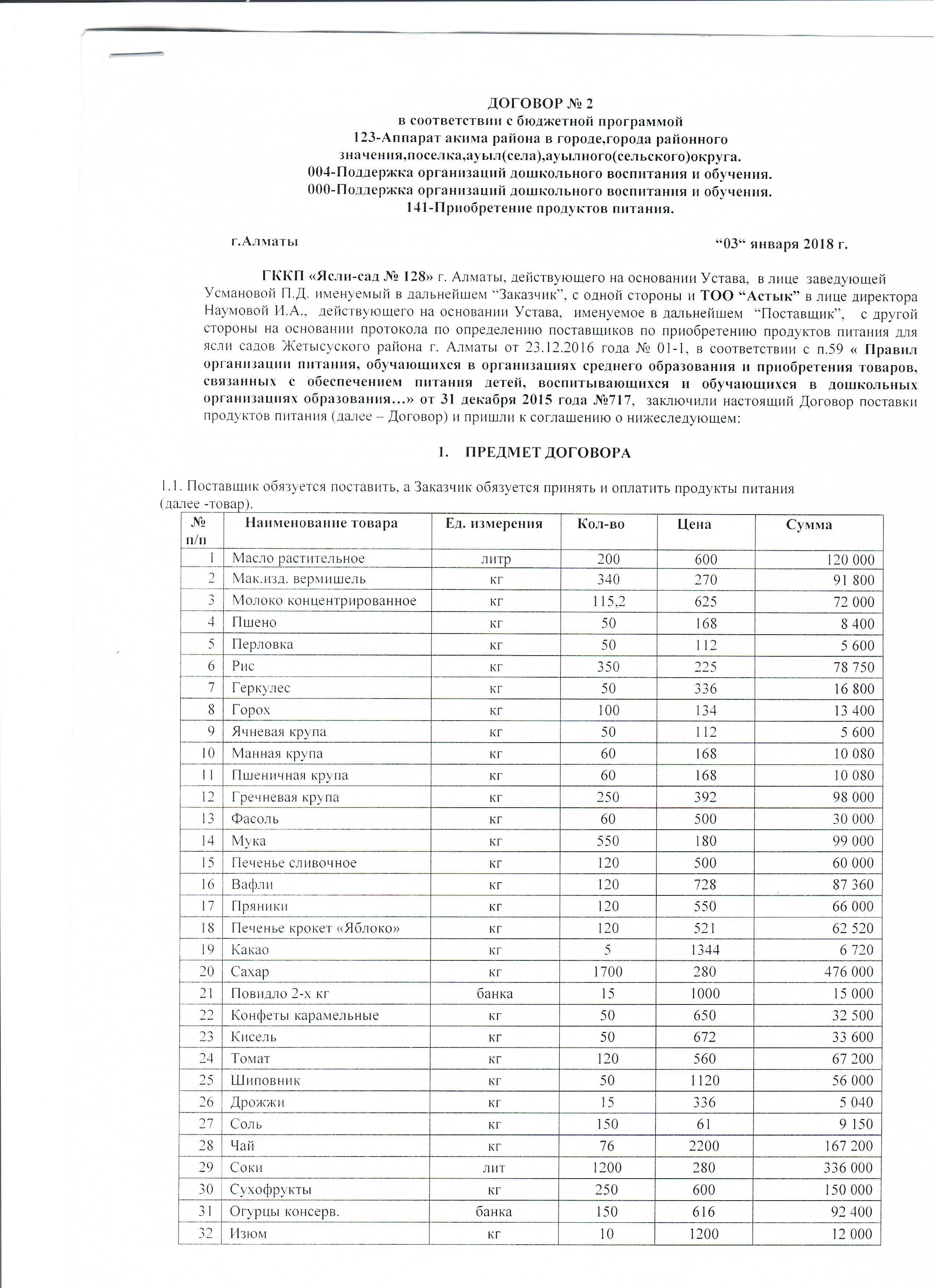 Договор ТОО Астык 2018год